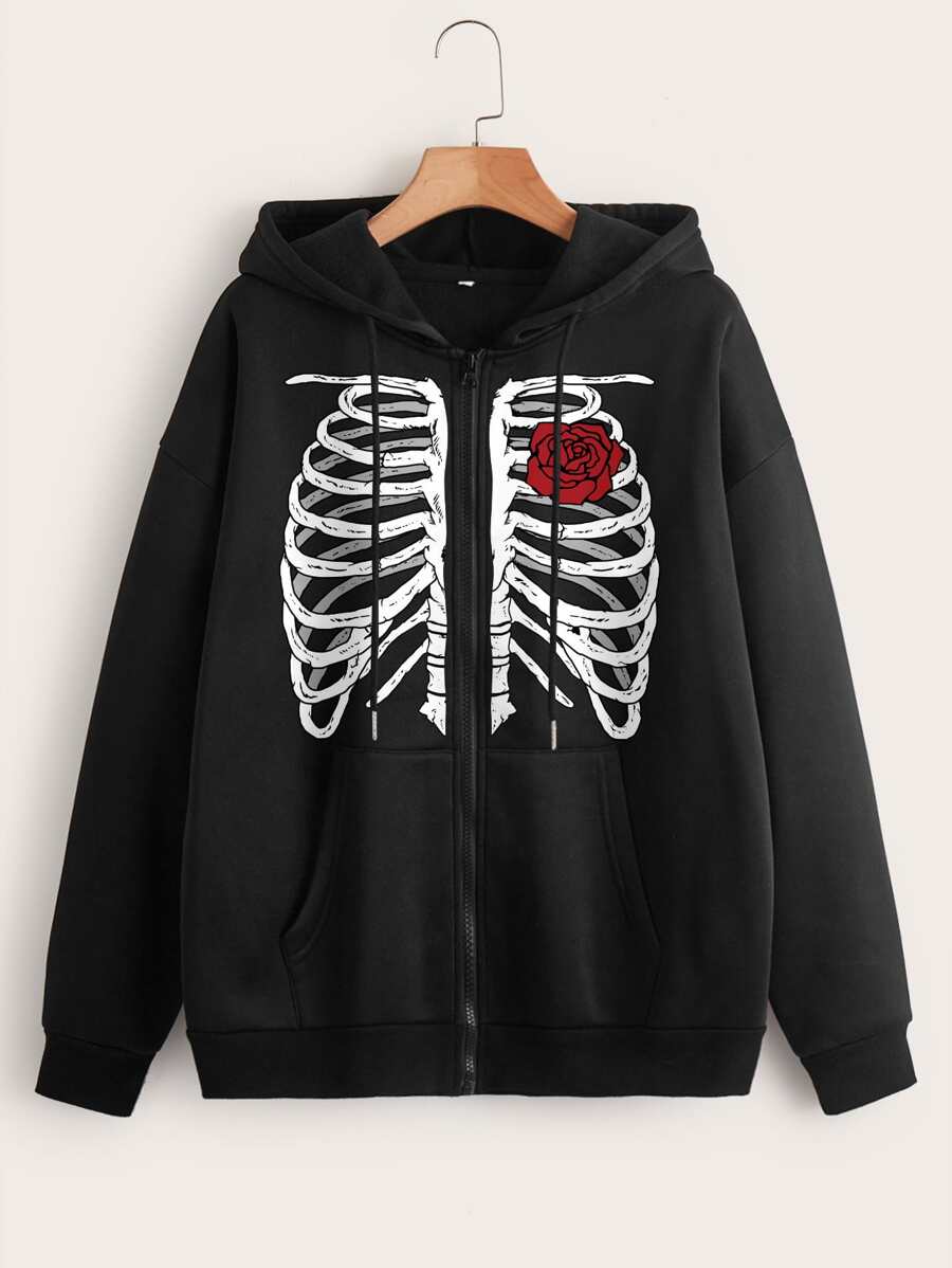 SHEIN EZwear 骷髅圖案拉鏈開襟落肩袖抽繩加絨內裏連帽衫 - 黑色 - 查看 1
