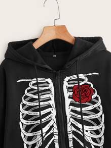 SHEIN EZwear 骷髅圖案拉鏈開襟落肩袖抽繩加絨內裏連帽衫 - 黑色 - 查看 5