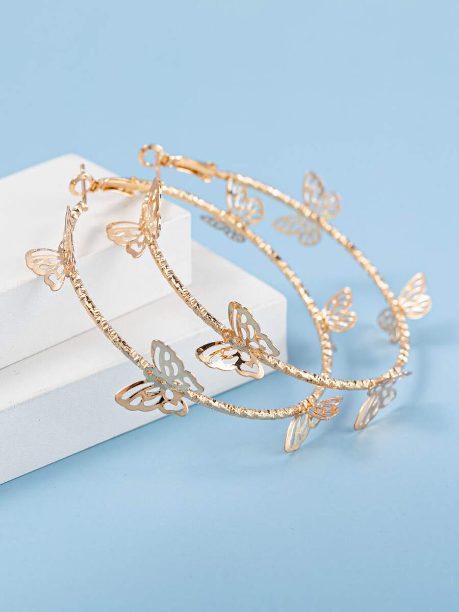 1 par de pendientes de aro con mariposa de metal, diseño personalizado elegante y exagerado de alta gama en color dorado, pendientes de aro grandes de mariposa geométrica para mujer, adecuados para uso diario, vacaciones, eventos formales, fiestas, regalos - Amarillo Oro - Ver 1
