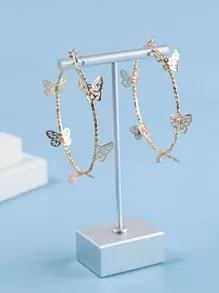 1 par de pendientes de aro con mariposa de metal, diseño personalizado elegante y exagerado de alta gama en color dorado, pendientes de aro grandes de mariposa geométrica para mujer, adecuados para uso diario, vacaciones, eventos formales, fiestas, regalos - Amarillo Oro - Ver 2