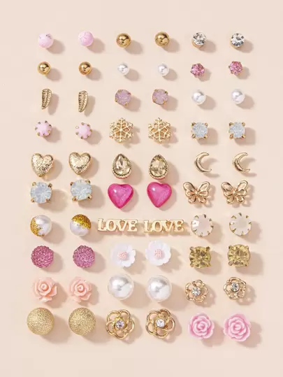 30對/組女士簡約蝴蝶仿珍珠耳釘