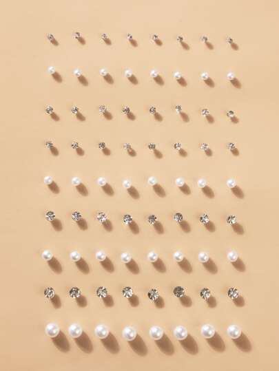 أقراط دبوسية مزينة ب- 36 زوج من اللآلئ الاصطناعية وحجر الراين