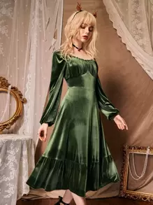 ROMWE Ruched Bust Ruffle Hem Velvet Dress - Army Green - View 1