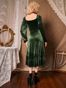 ROMWE Ruched Bust Ruffle Hem Velvet Dress - Army Green - View 2