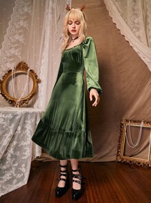 ROMWE Ruched Bust Ruffle Hem Velvet Dress - Army Green - View 3