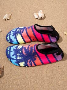 Striped & Coconut Tree Pattern Aqua Socks, Women Water Shoes - Multicolor - View 3