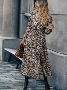 SHEIN Clasi Leopard Print Split Thigh Dress Maxi Women Outfit - Multicolor - View 6