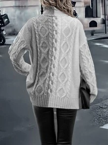 SHEIN LUNE Two Tone High Neck Drop Shoulder Cable Knit Jumper - Grey - View 2