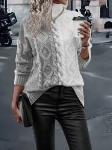 SHEIN LUNE Two Tone High Neck Drop Shoulder Cable Knit Jumper - Grey - View 3