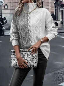 SHEIN LUNE Two Tone High Neck Drop Shoulder Cable Knit Jumper - Grey - View 4