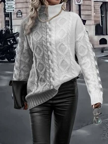 SHEIN LUNE Two Tone High Neck Drop Shoulder Cable Knit Jumper - Grey - View 6