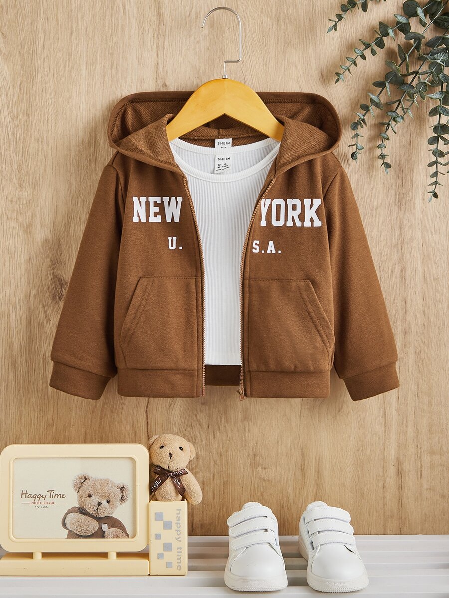 SHEIN Áo khoác nỉ có khóa kéo in chữ cho bé gái (không kèm áo thun) - màu nâu - Xem 1