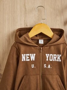 SHEIN Áo khoác nỉ có khóa kéo in chữ cho bé gái (không kèm áo thun) - màu nâu - Xem 3