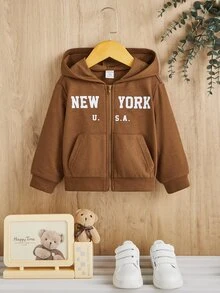 SHEIN Áo khoác nỉ có khóa kéo in chữ cho bé gái (không kèm áo thun) - màu nâu - Xem 4