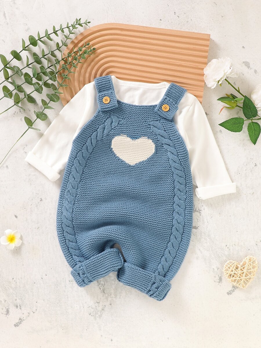 Baby 1pc Heart Pattern Cable Knit Overalls - Blue - View 1