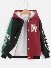 SHEIN 男孩字母圖案毛絨內襯連帽夾克