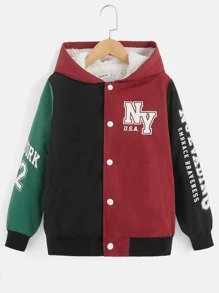 SHEIN 男孩字母圖案毛絨內襯連帽夾克