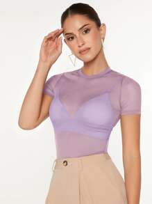 SHEIN BAE 透視網紗上衣不附胸罩 - 紫丁香色 - 查看 1