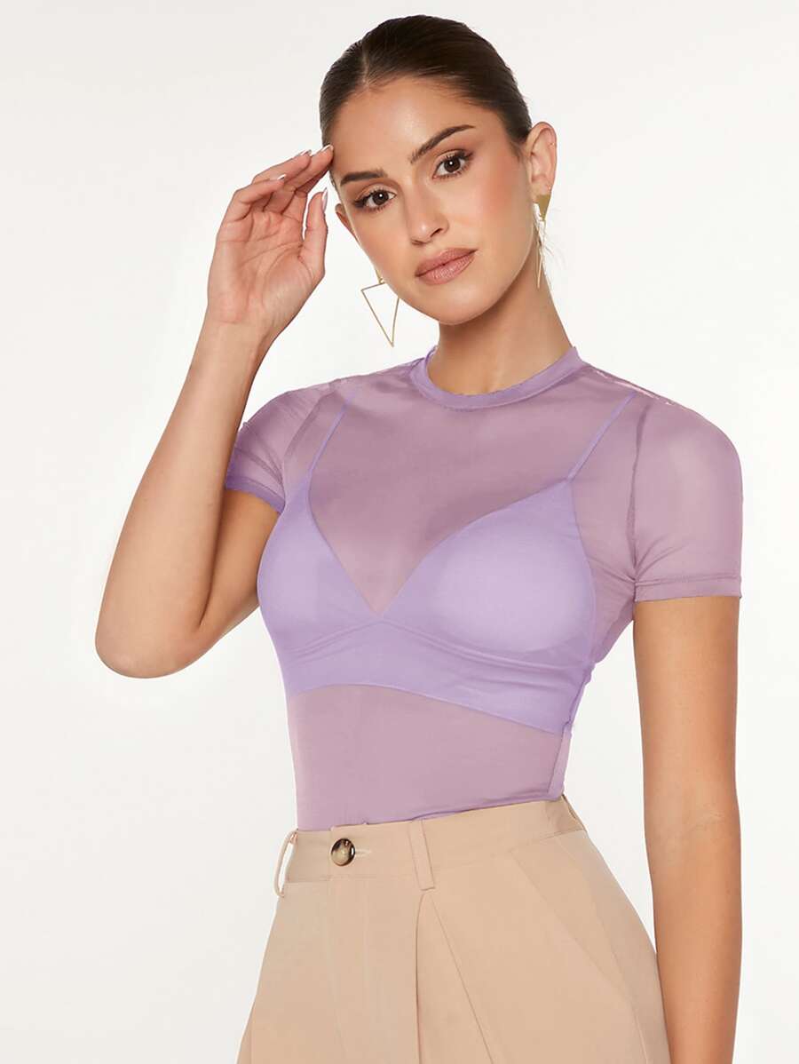 SHEIN BAE 透視網紗上衣不附胸罩 - 紫丁香色 - 查看 1