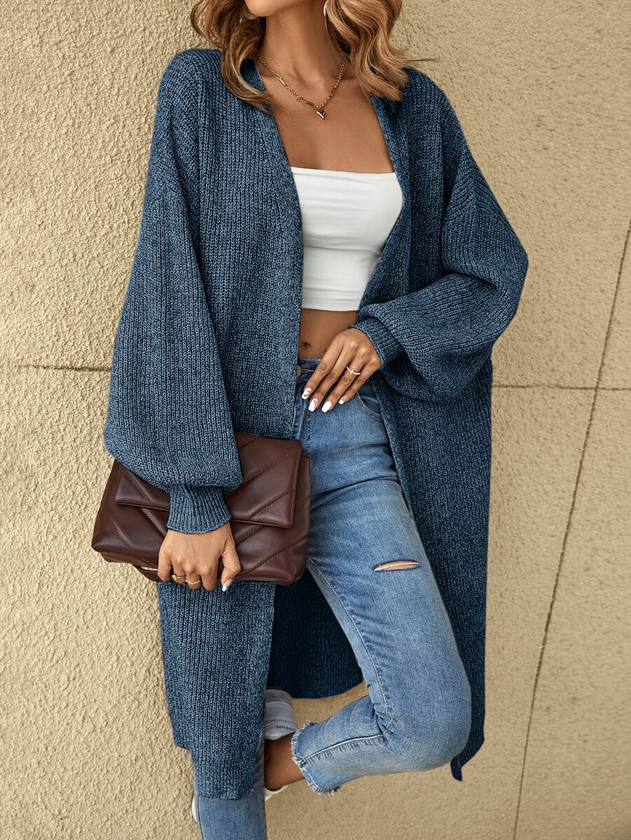 SHEIN LUNE Drop Shoulder Ribbed Knit Duster Cardigan - Navy Blue - View 1