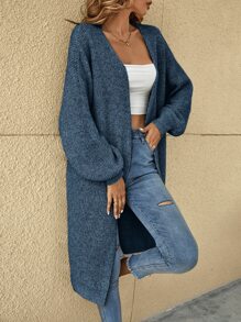 SHEIN LUNE Drop Shoulder Ribbed Knit Duster Cardigan - Navy Blue - View 6