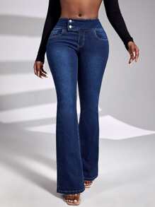 SHEIN SXY 寬腰帶牛仔喇叭褲 - 深色水洗藍 - 查看 1