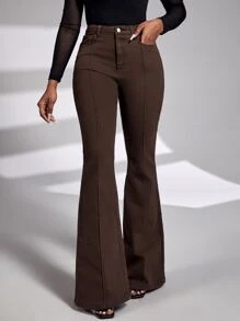 SHEIN SXY Seam Detail Flare Leg Jeans - Chocolate Brown - View 1