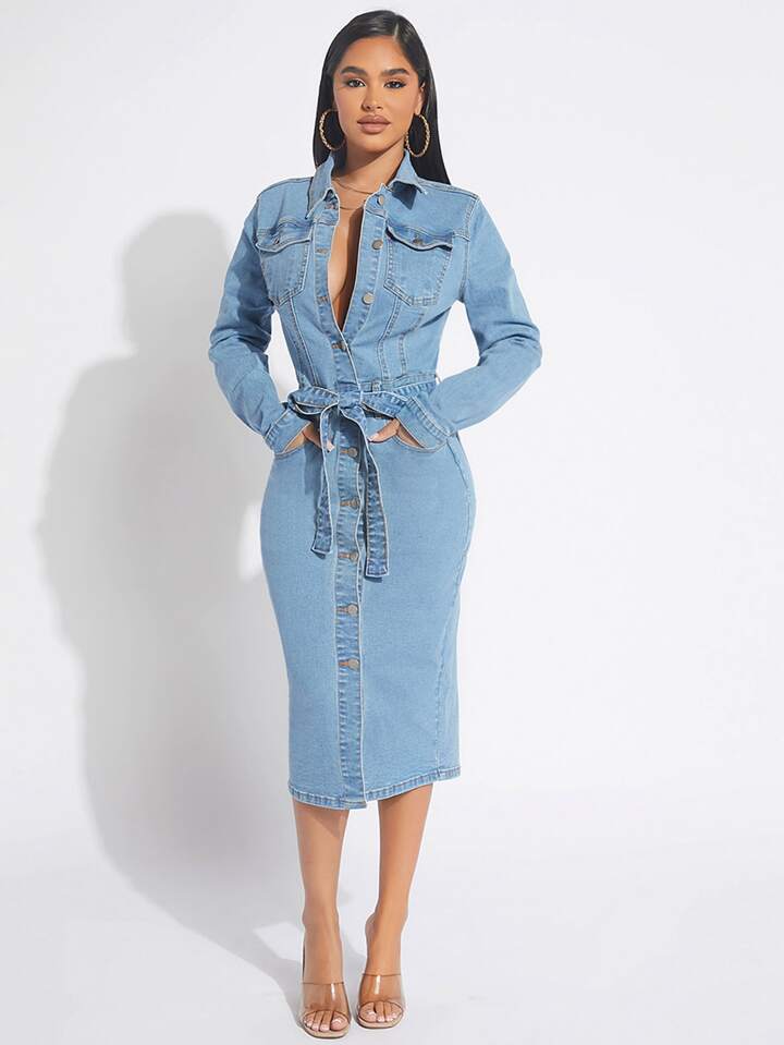 SHEIN SXY Robe en jean poche rabat bouton ceintur Mode en