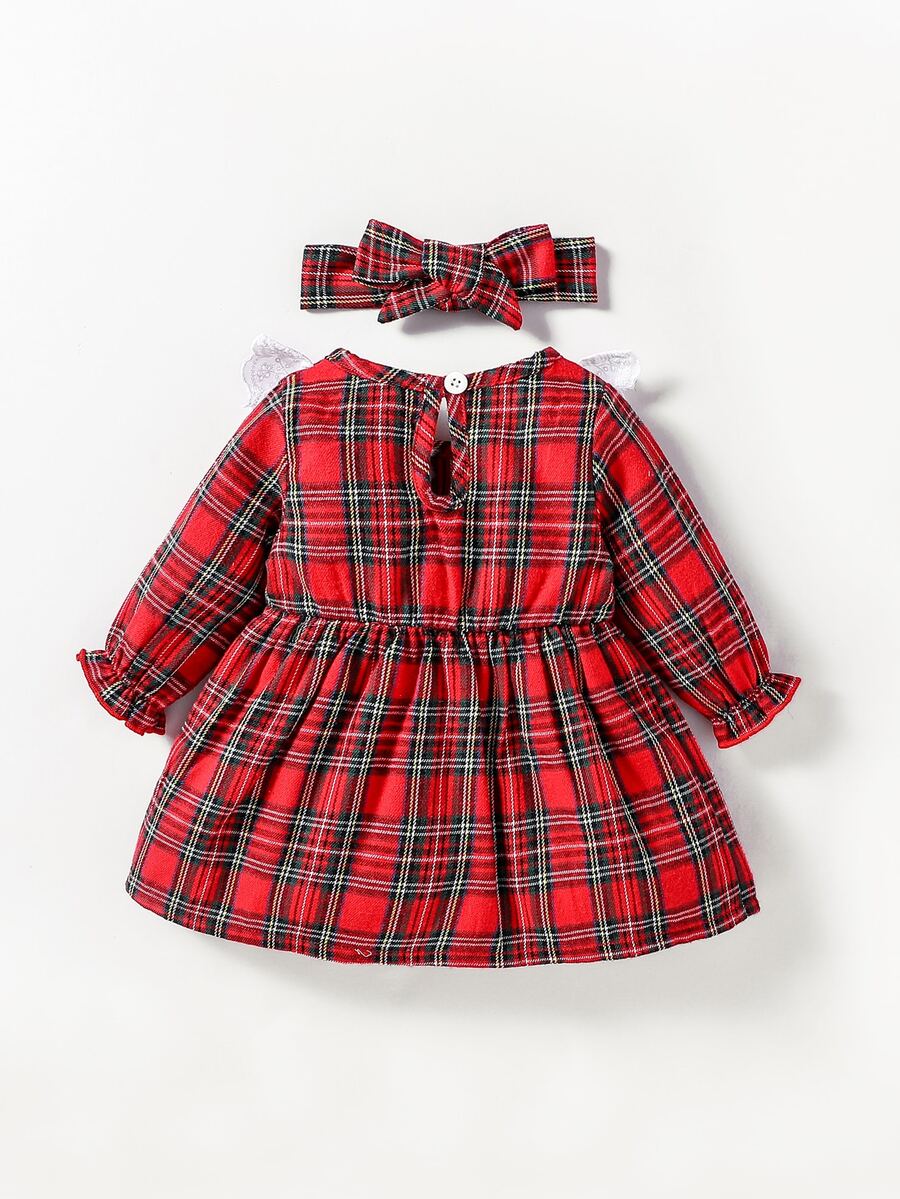 Newborn Baby Tartan Print Eyelet Embroidery Flounce Sleeve Dress With