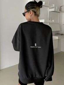 DAZY Slogan Embroidery Drop Shoulder Sweatshirt - Black - View 4