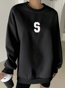 DAZY Slogan Embroidery Drop Shoulder Sweatshirt - Black - View 5