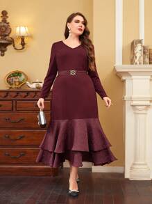 Modelyn Plus Layer Hem Belted Dress - Maroon - View 4