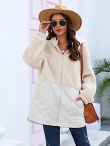 RELISH NOLESS Drop Shoulder Hooded Teddy Quilted Coat - Beige - View 7