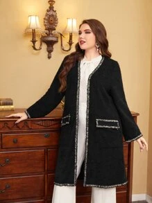 Modelyn Plus Raw Trim Double Pocket Open Front Coat - Black - View 2