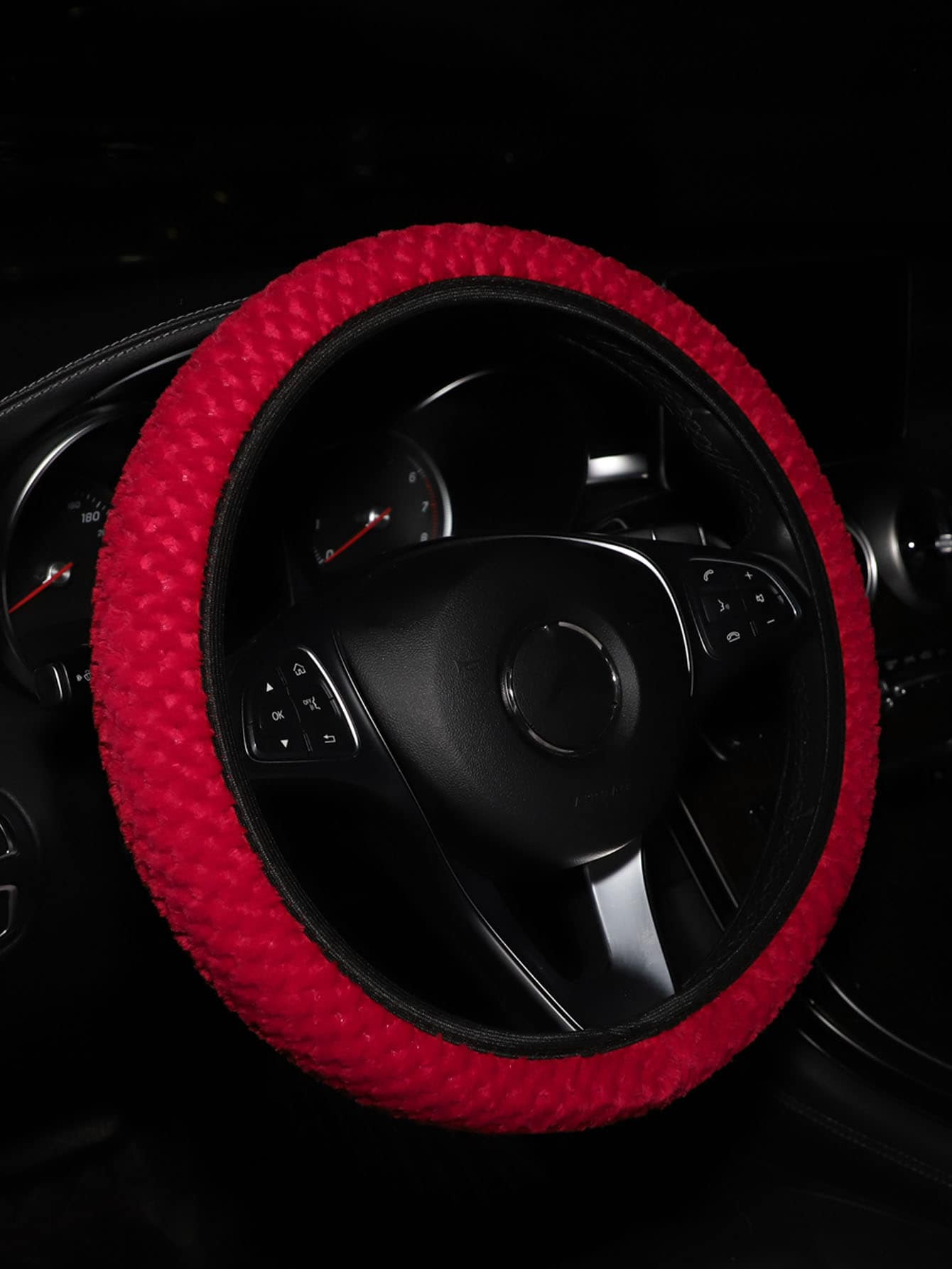 MEIKAXIU 1pc Solid Red Plush Steering Wheel Cover - Universal Soft Car Accessory