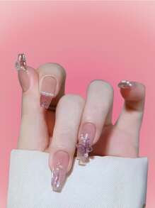 ROMWE 24pcs Long Coffin Butterfly Decor Fake Nail & 1sheet Tape - Baby Pink - View 1