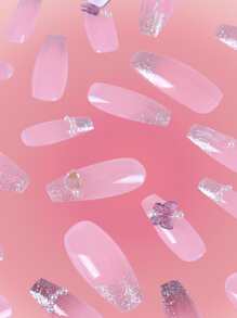 ROMWE 24pcs Long Coffin Butterfly Decor Fake Nail & 1sheet Tape - Baby Pink - View 3