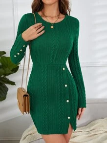 SHEIN Clasi Vestido ajustado con diseño de botón tejido de cable - Verde Oscuro - Ver 3