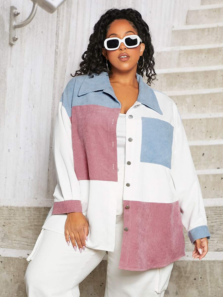 SHEIN CURVE+ 大码剪裁缝制落肩大衣 - 彩色 - 查看 1