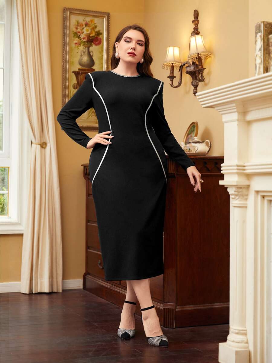 Modelyn Plus Contrast Binding Split Back Fitted Dress - Black - View 1