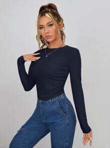 Muchica Camiseta corta fruncido tejido de canalé - Azul Marino - Ver 4