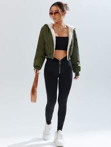 SHEIN Coolane Zip Up Sherpa Lined Hooded Jacket - Army Green - View 6