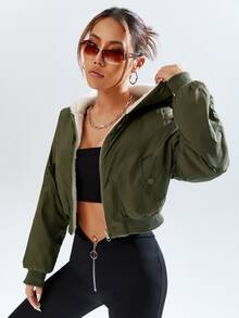 SHEIN Coolane Zip Up Sherpa Lined Hooded Jacket - Army Green - View 3