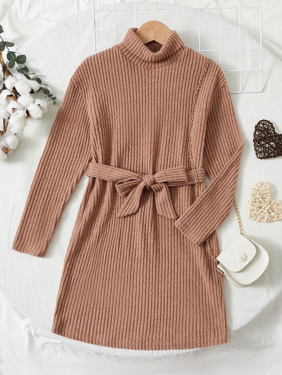 SHEIN Girls Turtleneck Ribbed Knit Belted Dress - Apricot - View 1