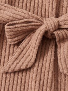 SHEIN Girls Turtleneck Ribbed Knit Belted Dress - Apricot - View 3