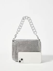 Glamorous, Elegant, Exquisite, Quiet Luxury Glitter Bling, Sequin, Luxury, Shiny Mini Rhinestone Decor Chain Crossbody Bag Evening Bag, Dinner Bag Metal Chain For Party Girl, Woman, Bride Perfect for Party, Wedding, Prom, Dinner/Banquet, For Cocktail - Silver - View 3