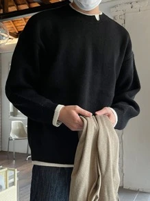 DAZY Men Contrast Trim Drop Shoulder Jumper - Black - View 3