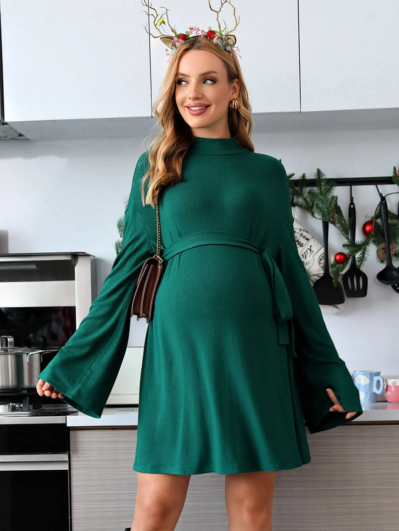 Vestido De Maternidad Elegante Elástico Sólido Con Escote Alto Y Espalda Descubierta - Maxivestido Largo Ajustado Para Fotos De Embarazo