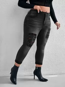 SHEIN Essnce Jeans ajustados desgarro bajo de doblez - Negro - Ver 1