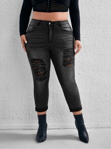 SHEIN Essnce Jeans ajustados desgarro bajo de doblez - Negro - Ver 4